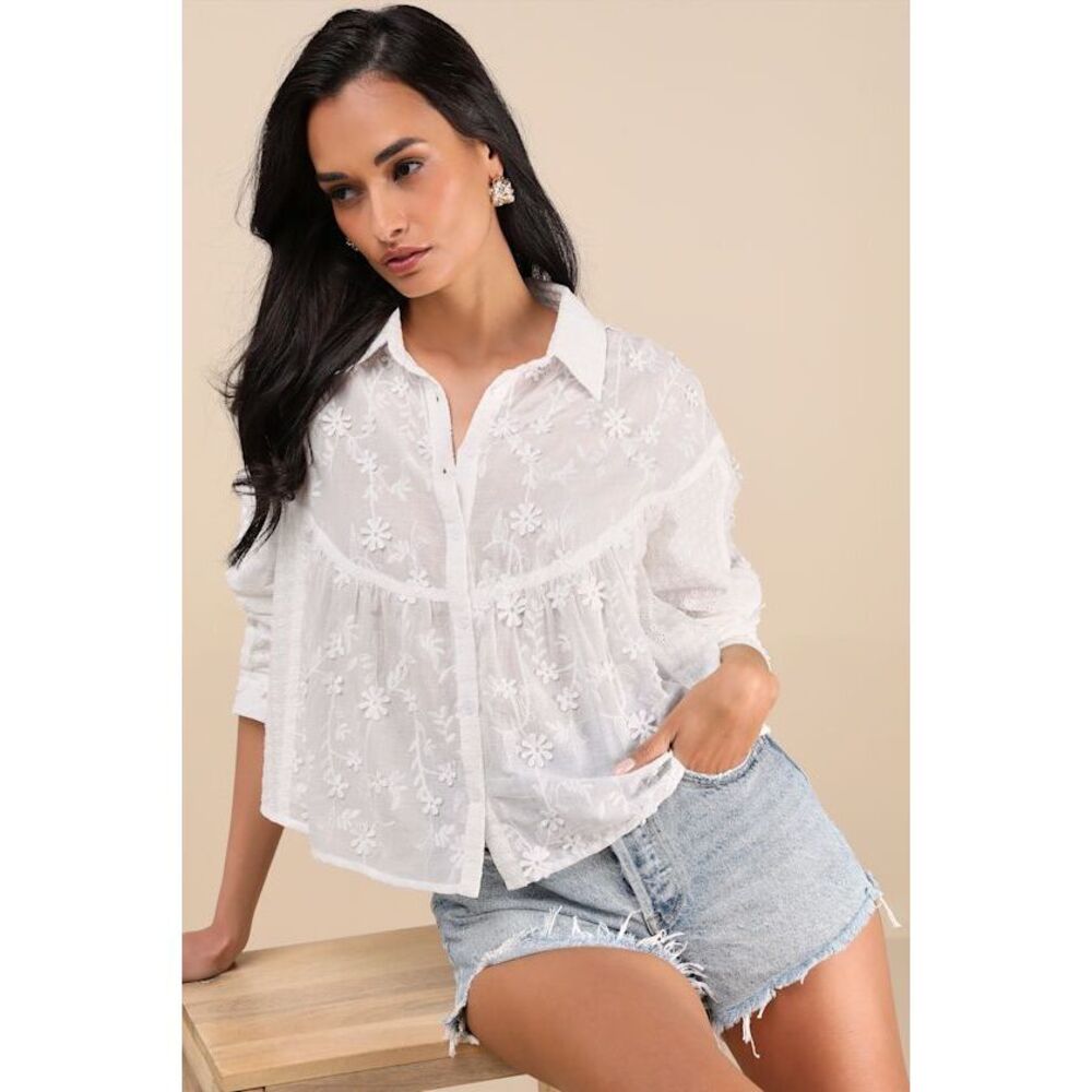 Lulus Calrose White 3d Floral Embroidered Long Sleeve Button-front Top - Size L